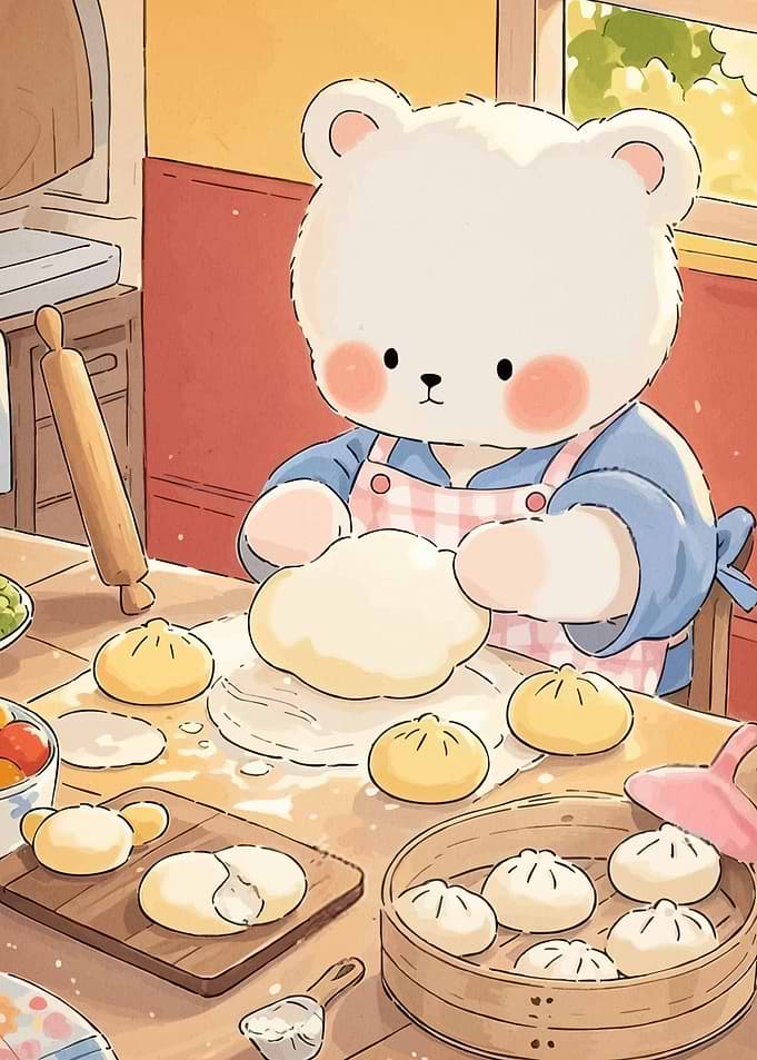 Bear Baking Dumplings Kitchen