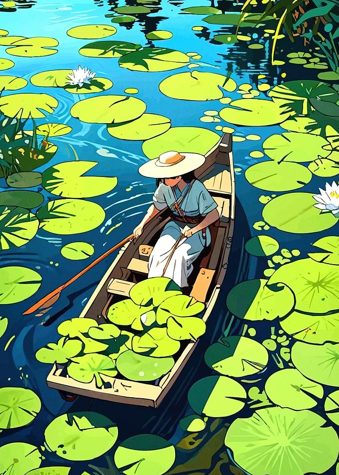 Woman Rowing Boat Lily Pond