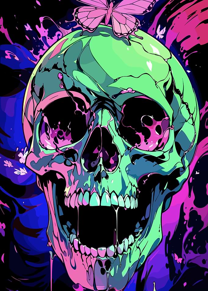 Neon Skull with Butterfly Art