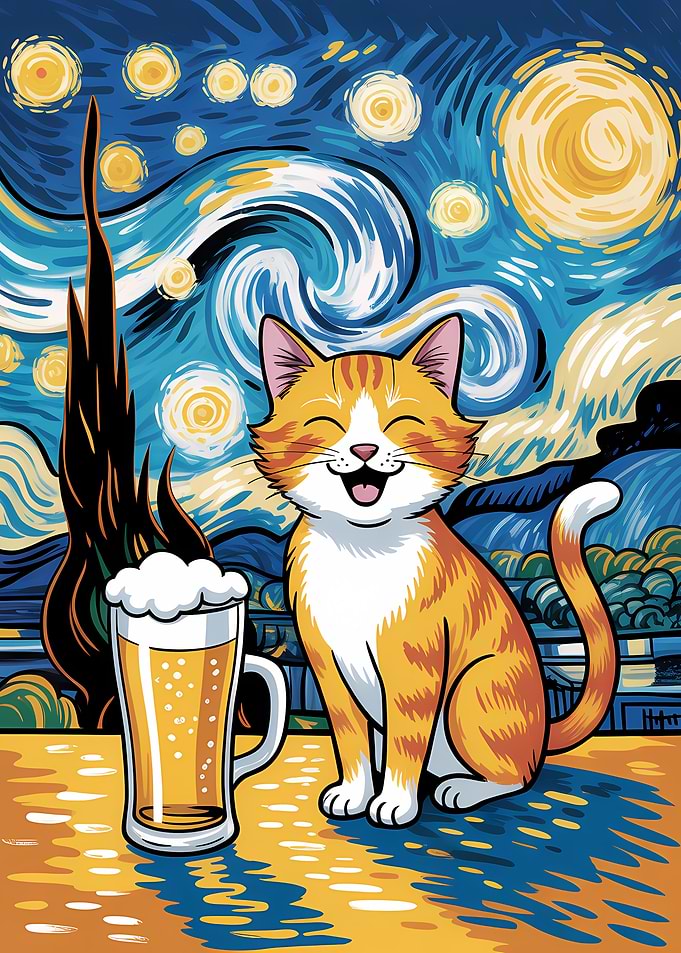 Cat with Beer in Starry Night