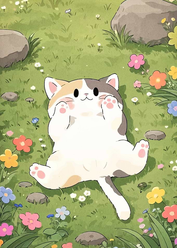Cute Cat Relaxing in Flower Meadow