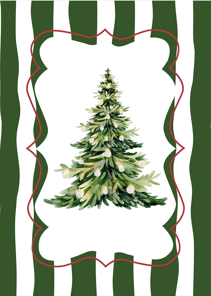 Watercolor Christmas Tree with Striped Background