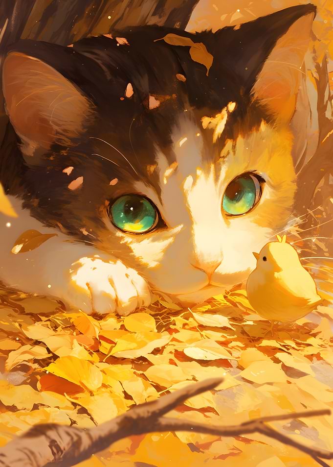 Cat and Chick in Autumn Leaves