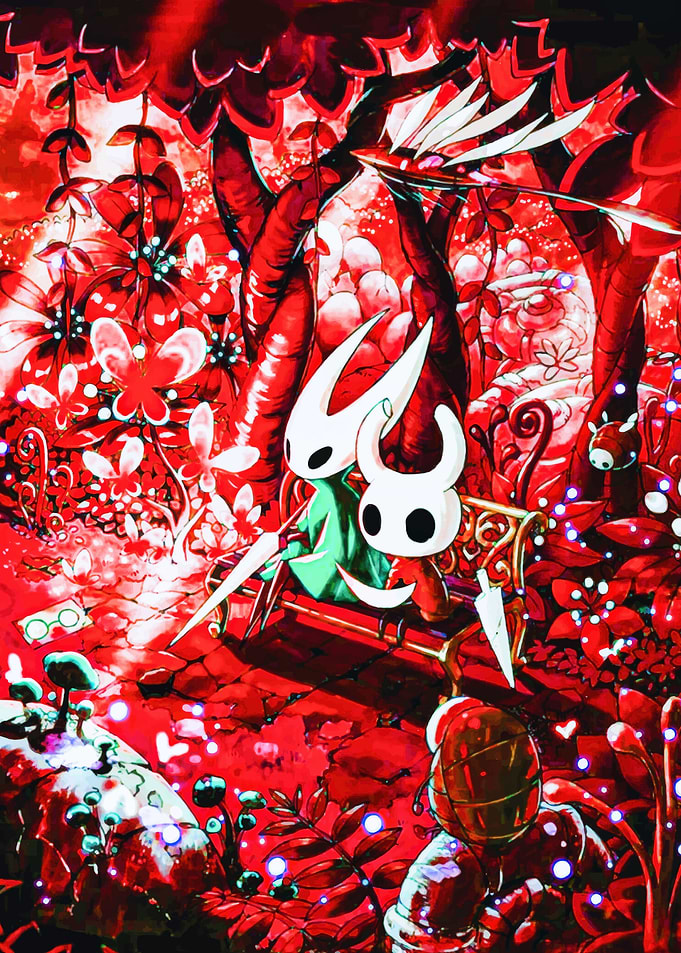 Hollow Knight characters on a bench