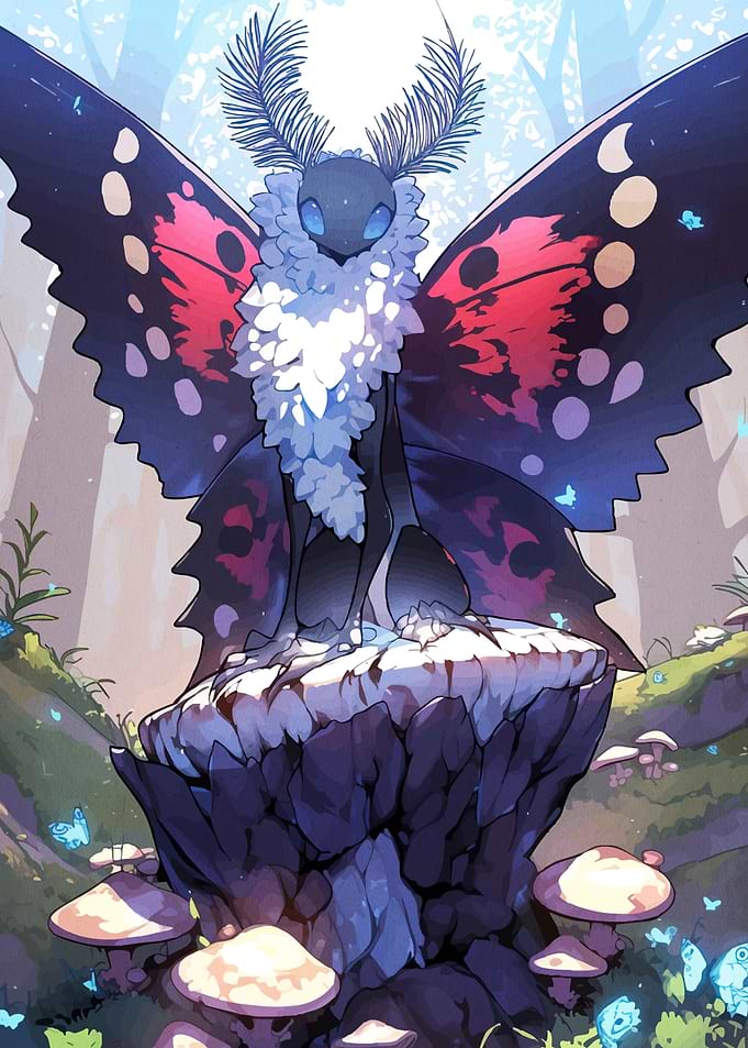 Stylized Moth Creature Forest Setting