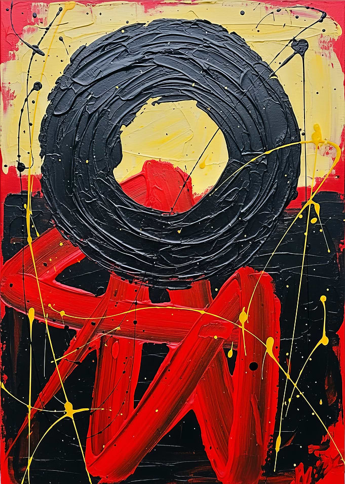 Abstract Painting: Black Circle and Red Strokes