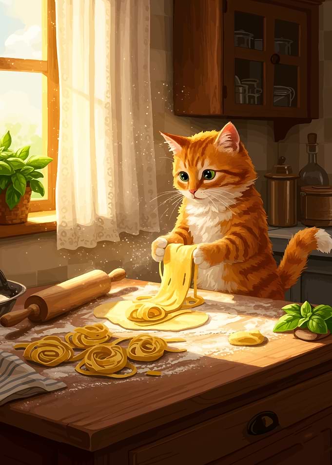 Cat making pasta in kitchen