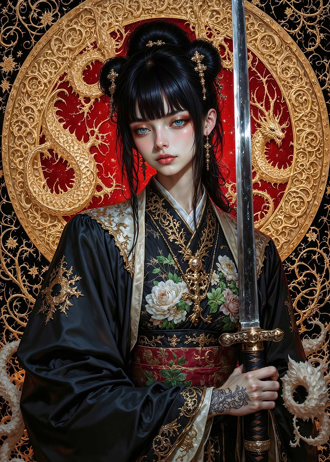 Asian Woman with Sword and Dragon