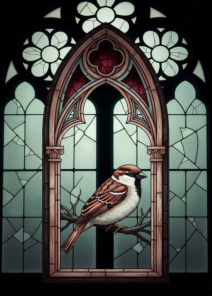 Sparrow in Stained Glass Window
