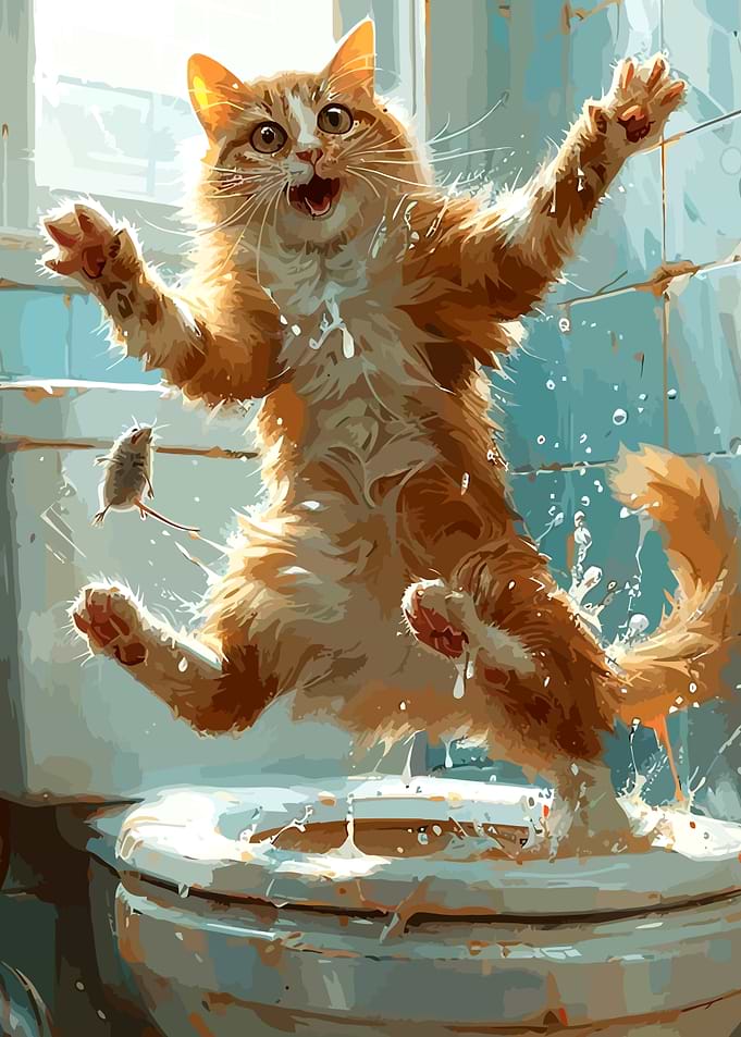 Surprised Cat and Mouse in Bathroom