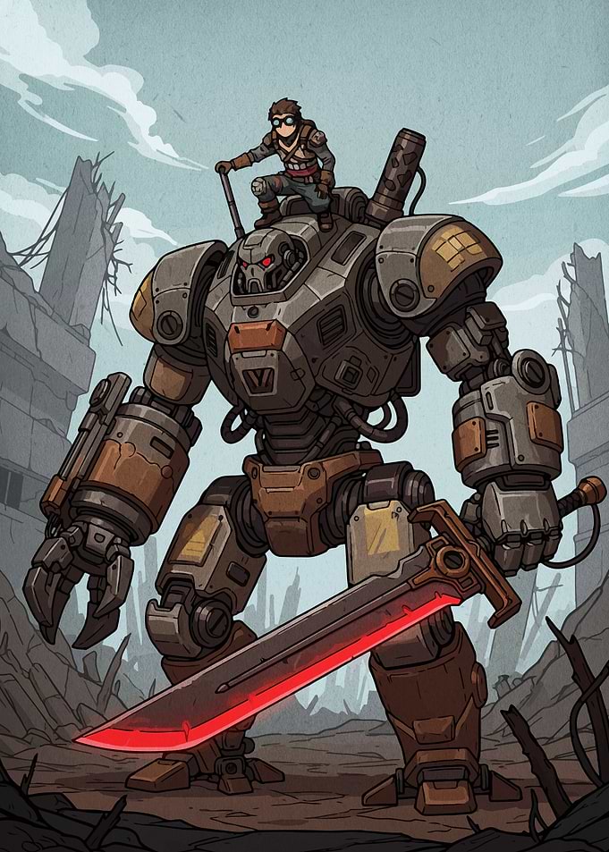 Robot and Rider in Ruined City