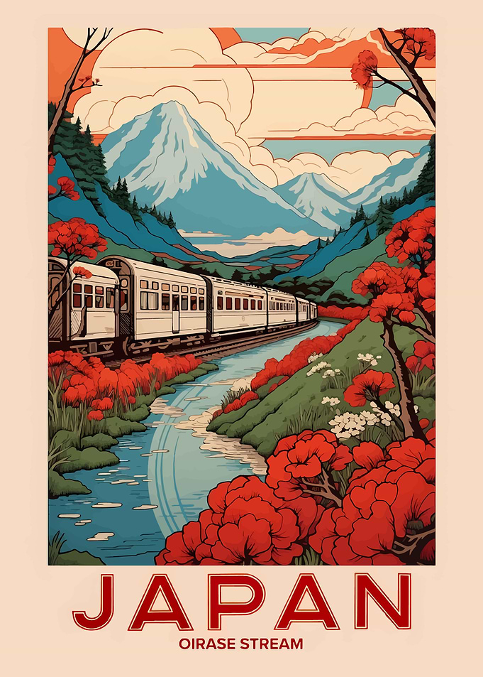 Japan Oirase Stream Train Landscape Art