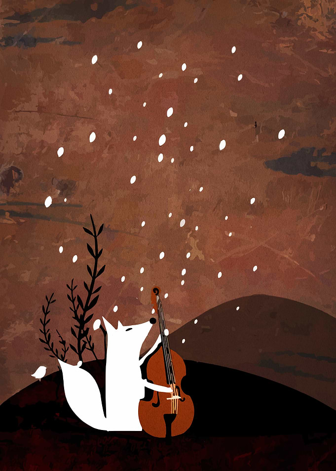 Fox playing cello in the snow