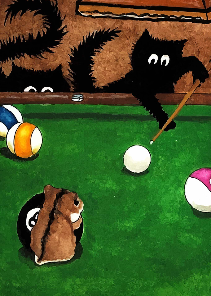 Cats and Chipmunk Playing Pool