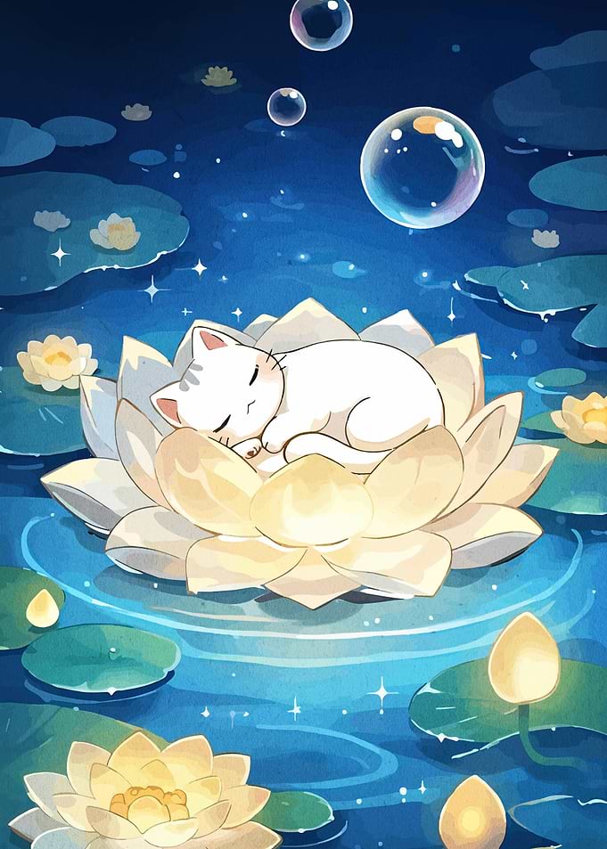 Sleeping Cat on Lotus Flower