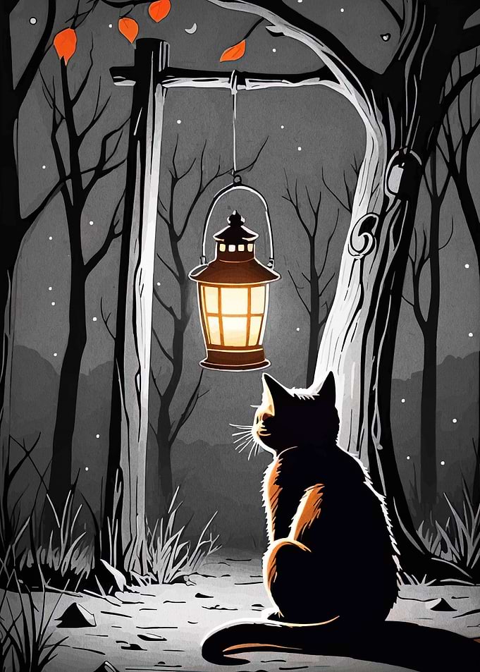 Black Cat and Lantern in Forest