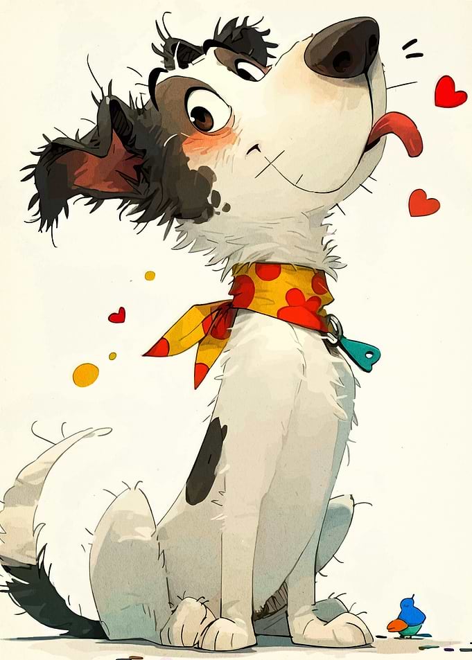 Cartoon Dog with Bandana and Hearts