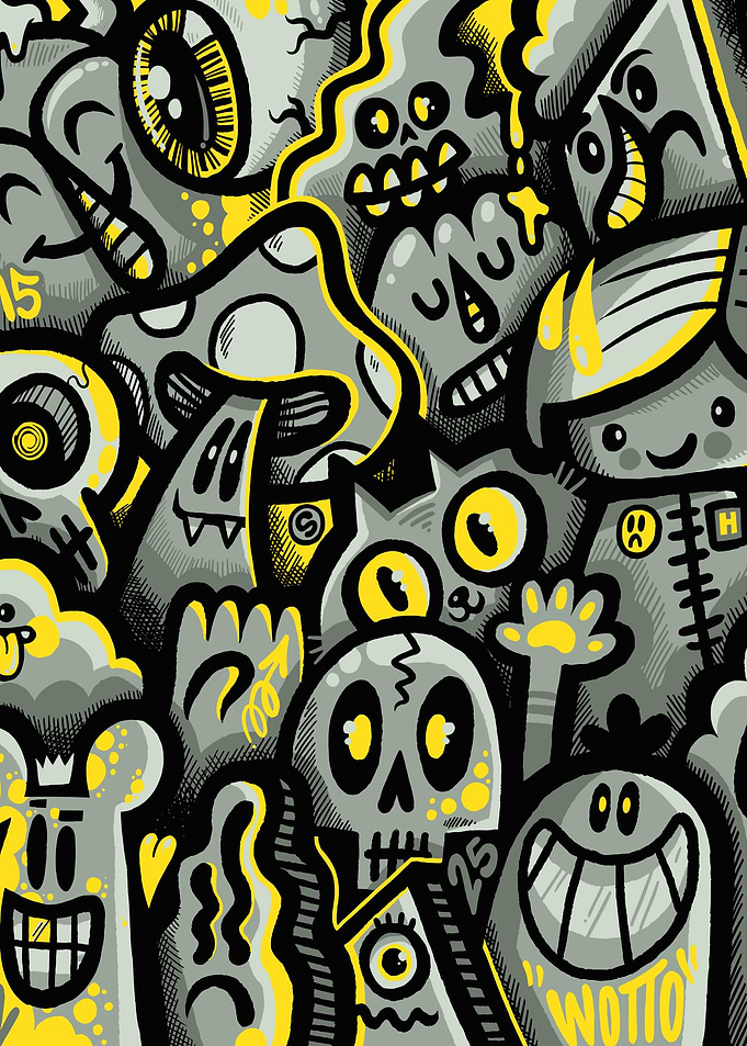 Cartoon Doodle Art with Grey and Yellow