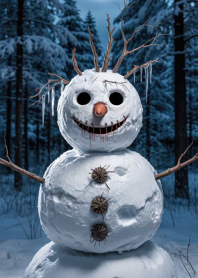 Creepy Snowman in Winter Forest