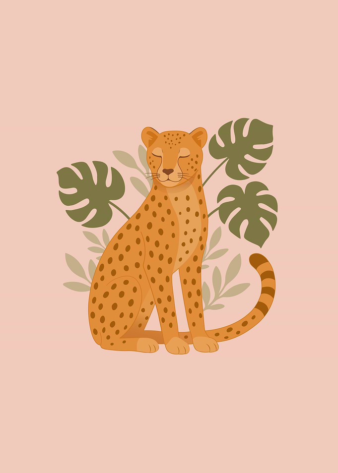 Cheetah Illustration with Tropical Leaves