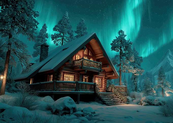 Winter Cabin Under Aurora Borealis