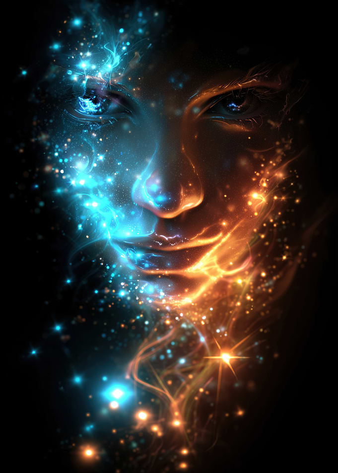 Celestial Face: Blue and Orange Sparkles