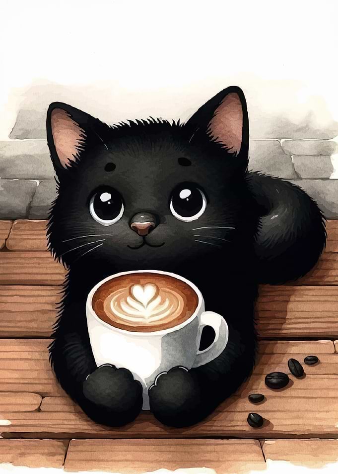Cute Black Cat with Coffee