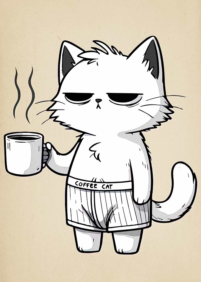 Grumpy Coffee Cat Cartoon Illustration