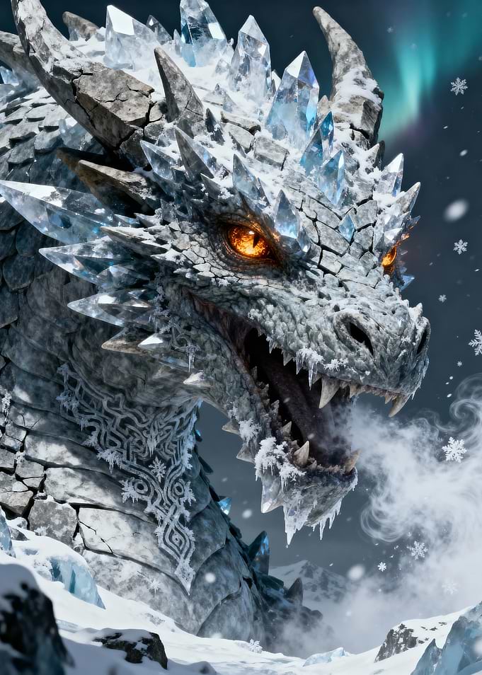Icy Dragon in Winter Landscape