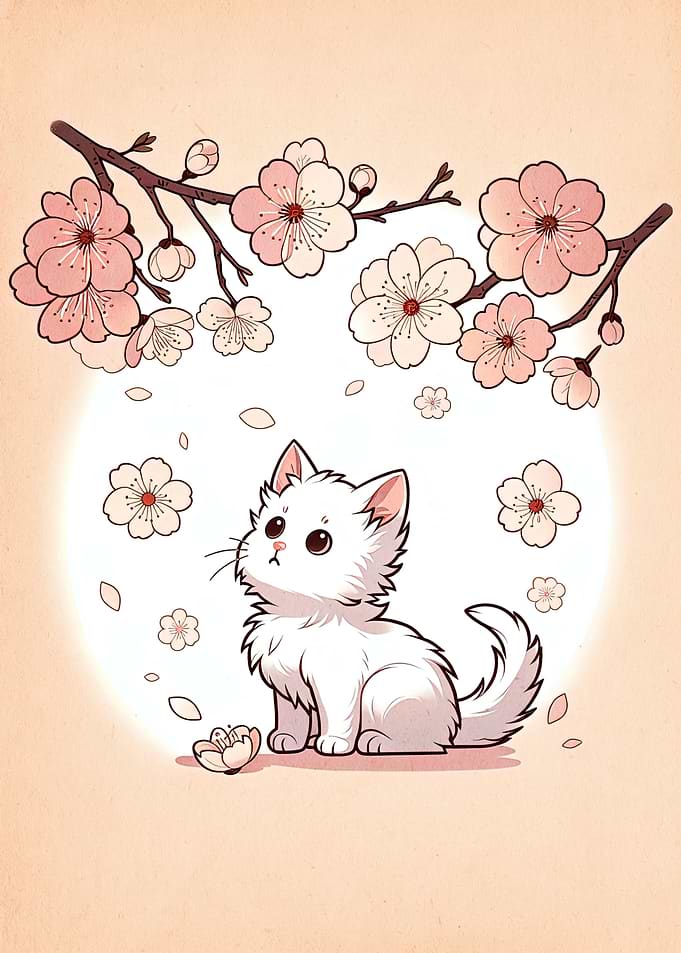 Cute Cat with Cherry Blossoms