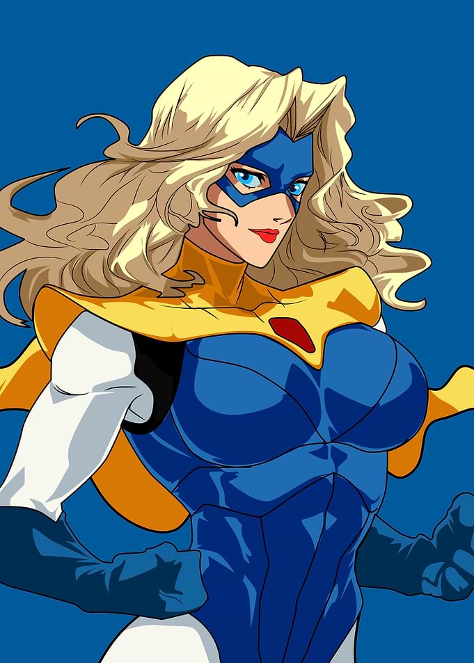 Blonde blazer Superheroine with Blue Mask