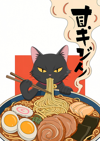 Cat eating ramen illustration