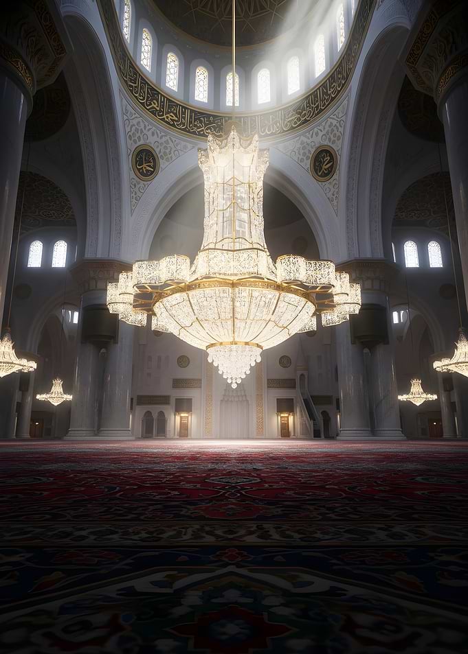 Grand Mosque Interior with Chandelier