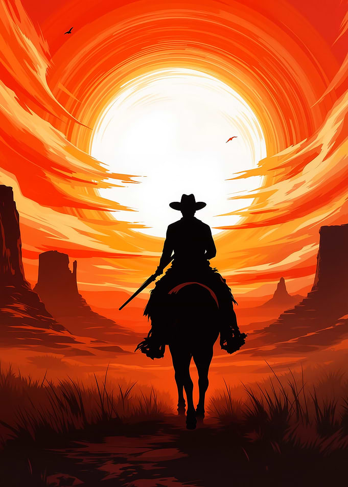 Cowboy Silhouette Riding into Sunset
