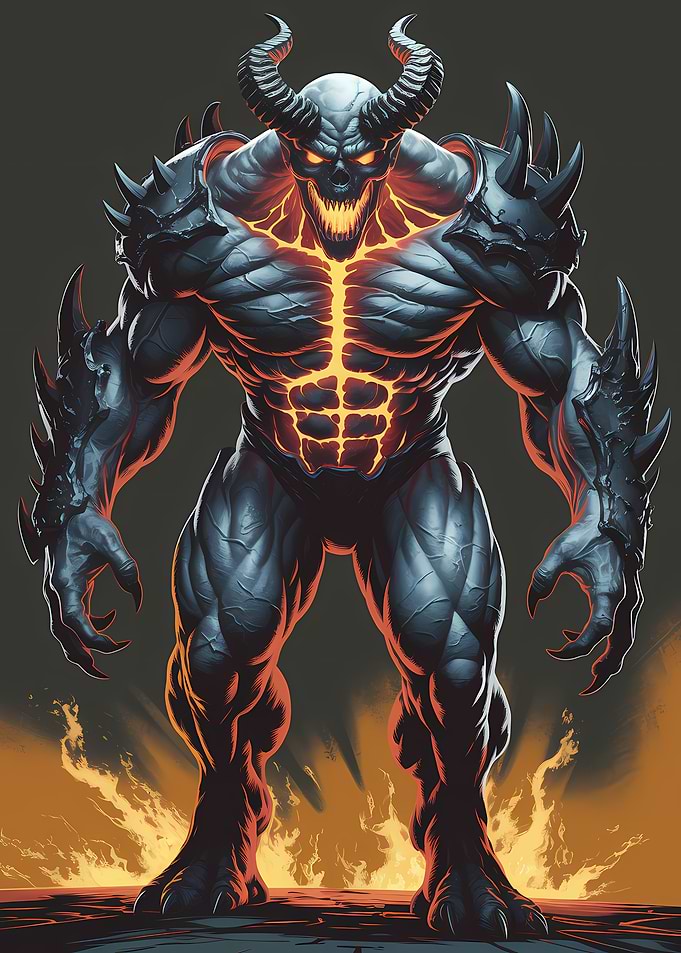 Muscular Demon with Horns and Fire
