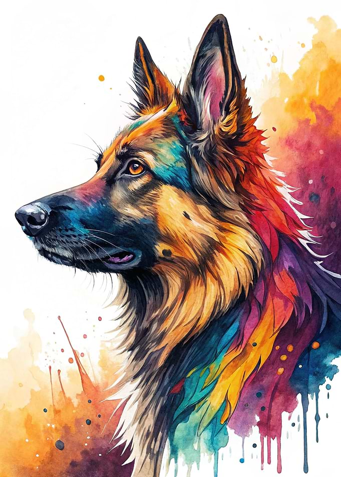 Colorful German Shepherd Watercolor Portrait