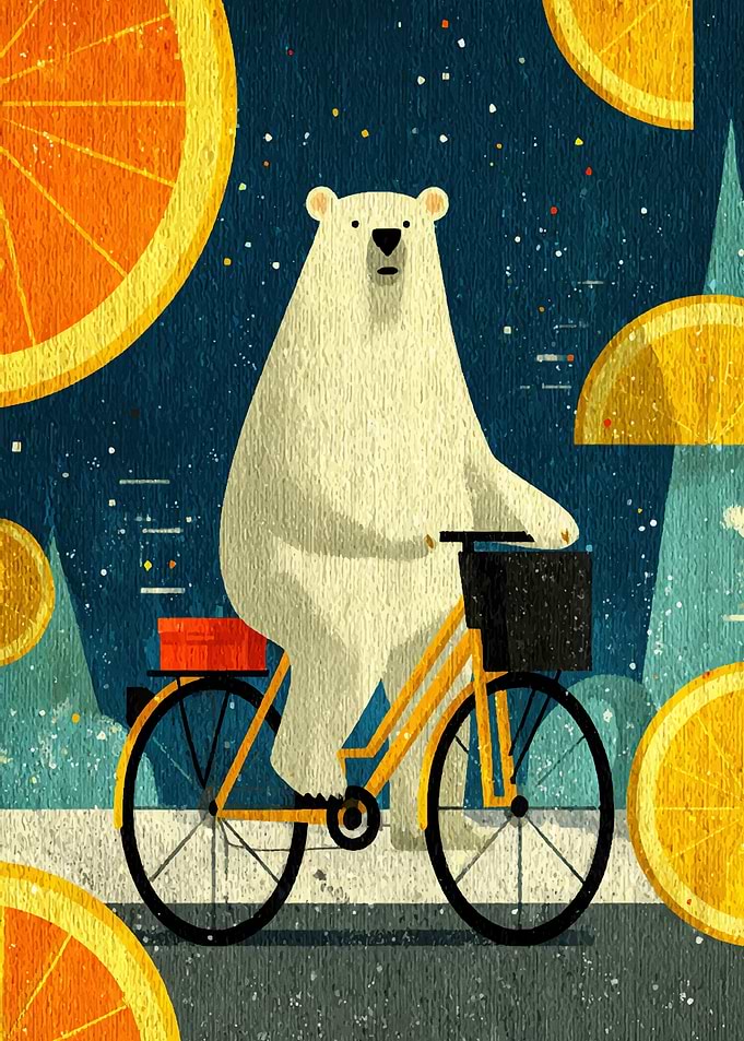Polar Bear on Citrus Night Ride – Textured Illustration