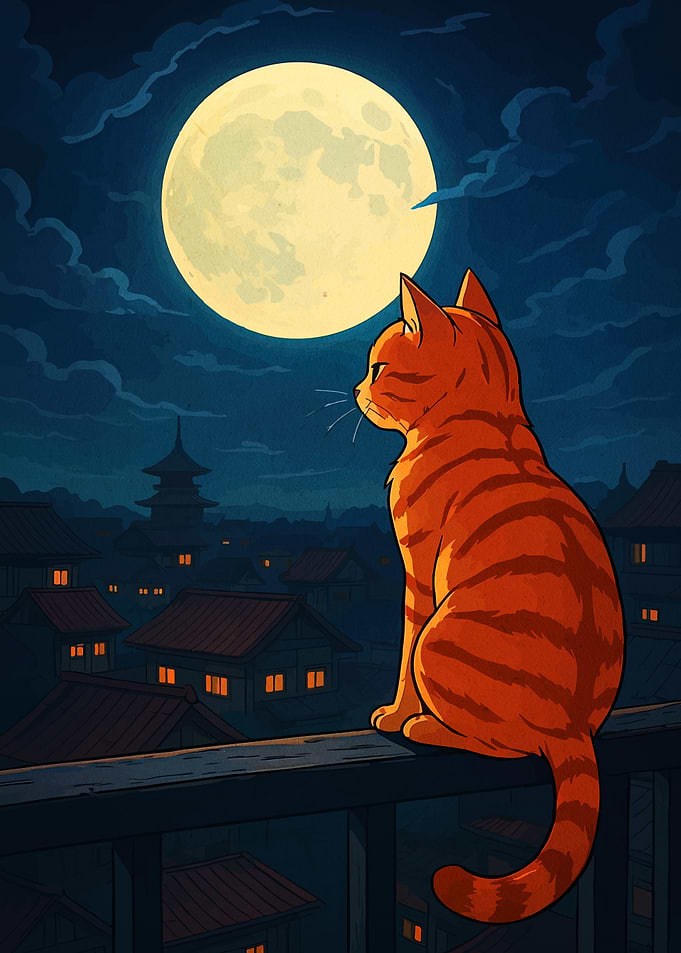 Cat gazing at the moonlit cityscape