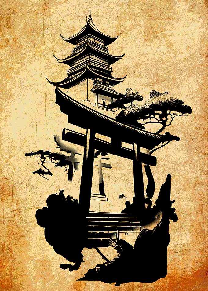 Japanese Pagoda and Torii Gate Art