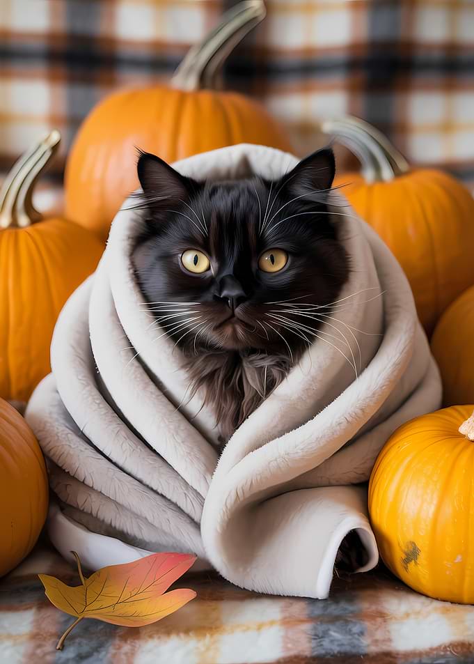 Cat Wrapped in Blanket with Pumpkins