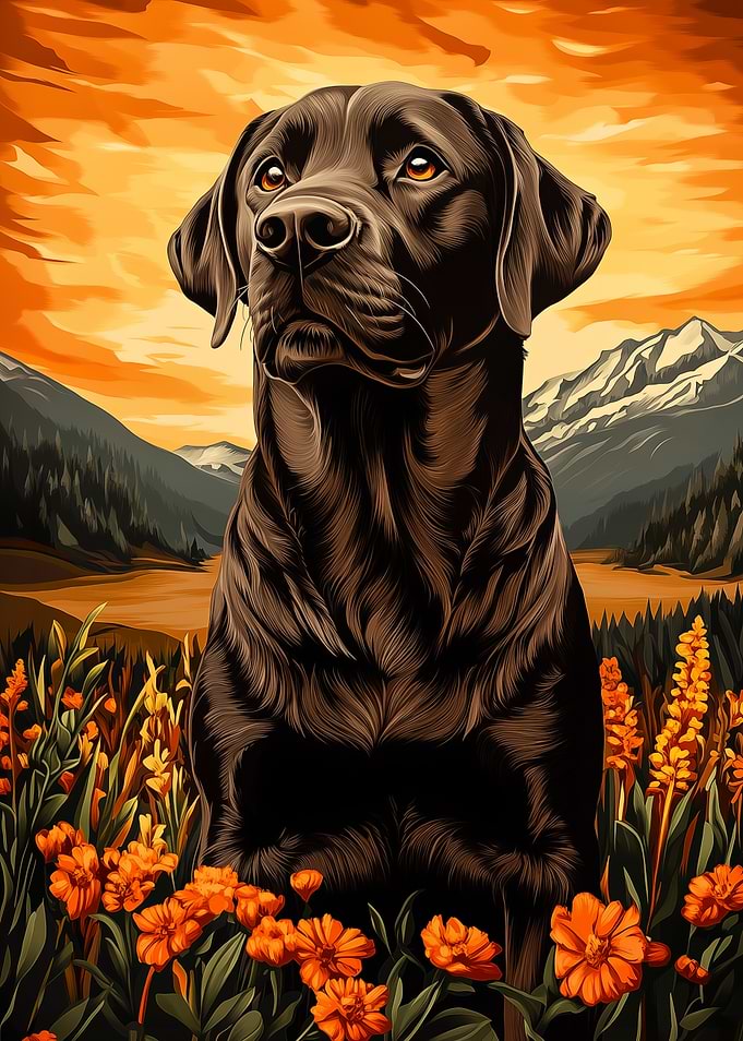 Chocolate Labrador in Mountain Landscape