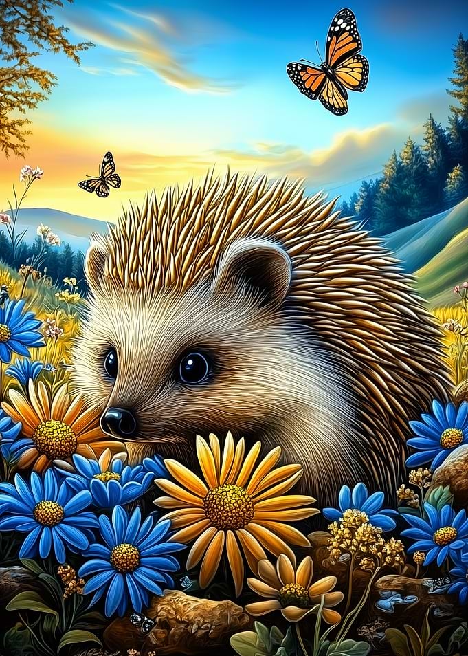 Hedgehog in a field of flowers