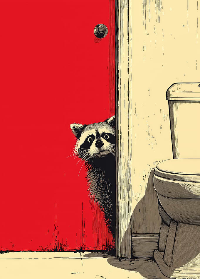 Midnight Mischief — Cartoon Raccoon Peeking from Bathroom Door, Playful Bathroom Art