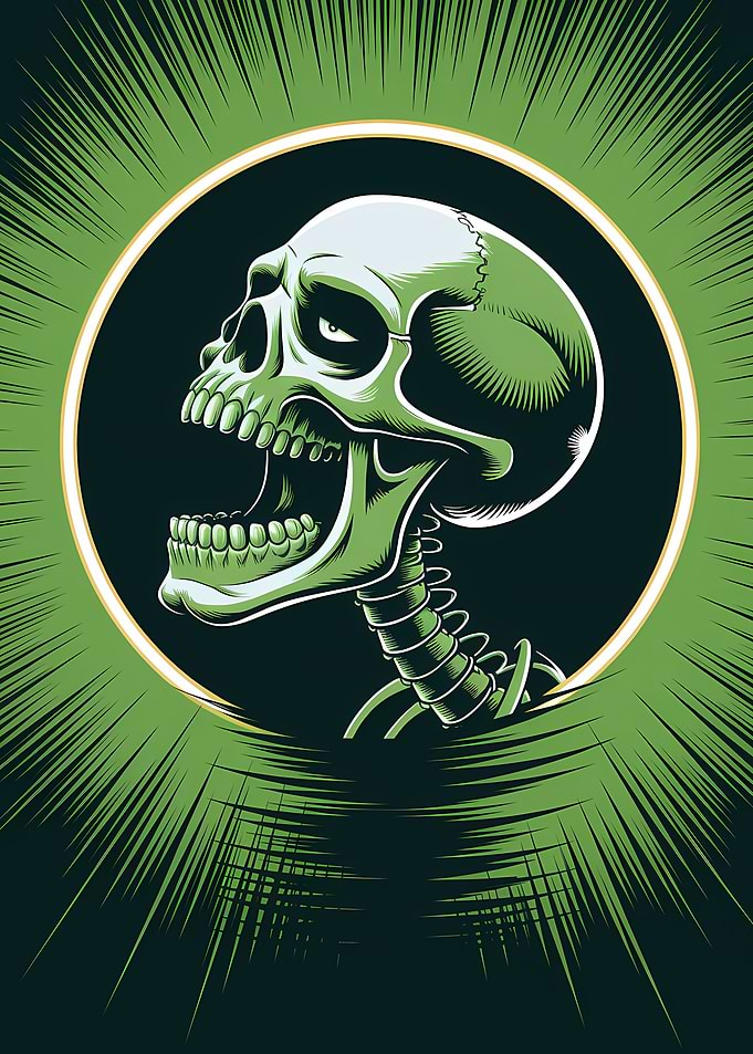 Green Skull with Burst Background