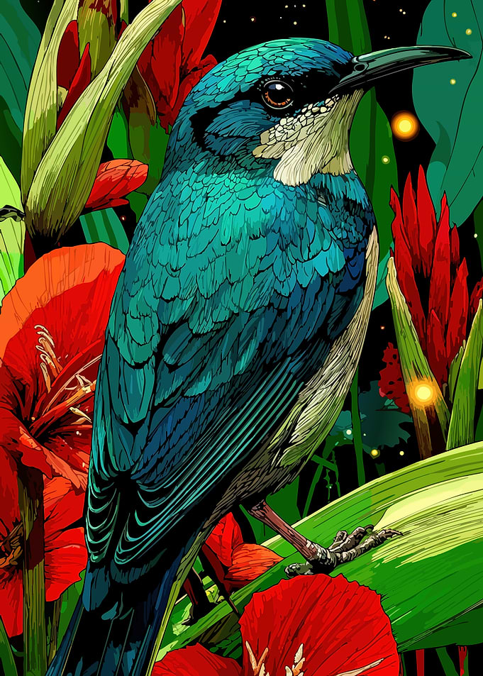 Vibrant Bird Among Tropical Flowers