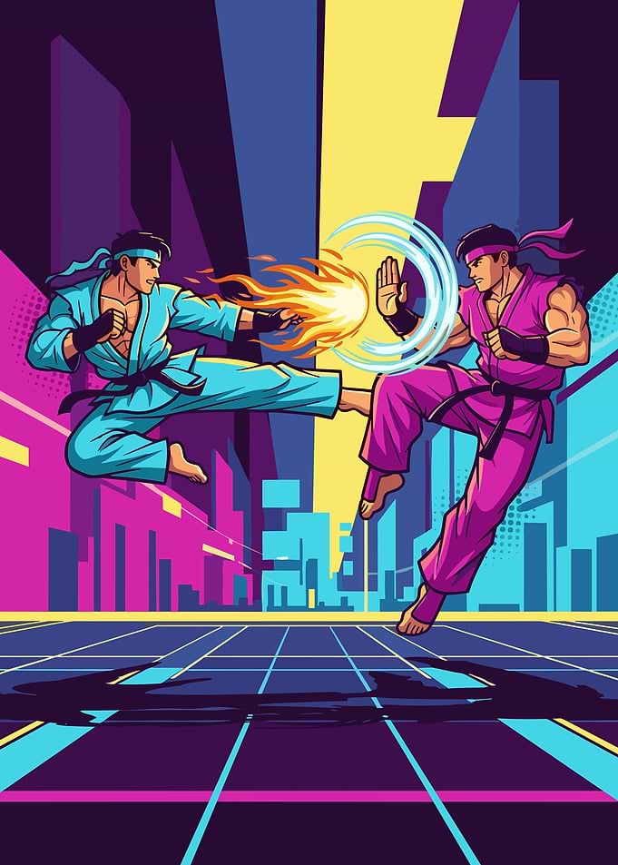 Retro Fighters Duel in Cityscape
