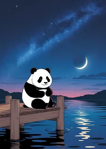 Panda on Dock Under Starry Sky