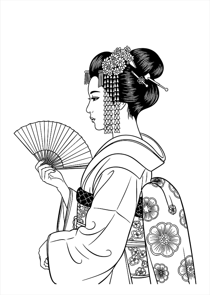 Geisha with Fan Black and White