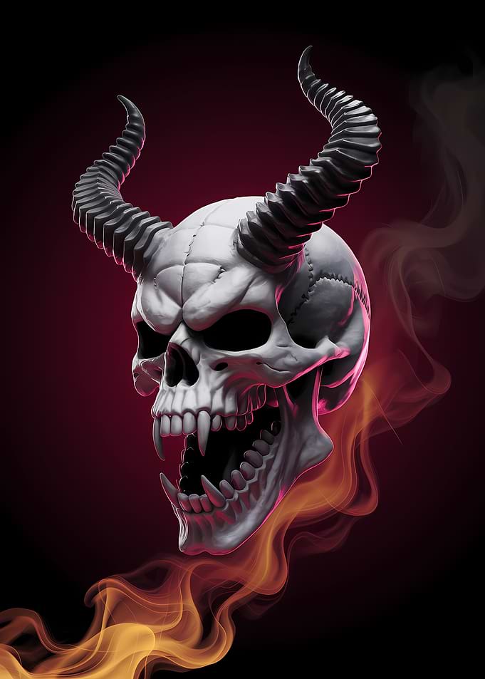 Horned Skull with Flames