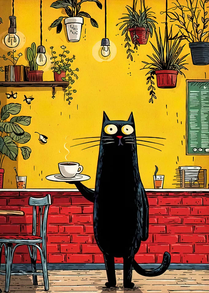 Cat Waiter Serving Coffee